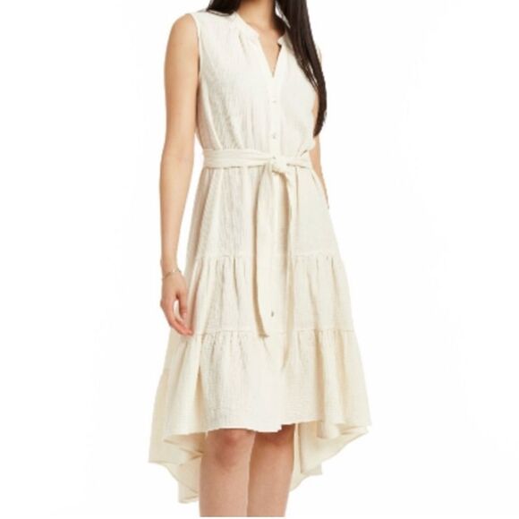 DREW Anthropologie Josephine Cream Tiered Hi Lo Button Up Dress Size L - Picture 1 of 11